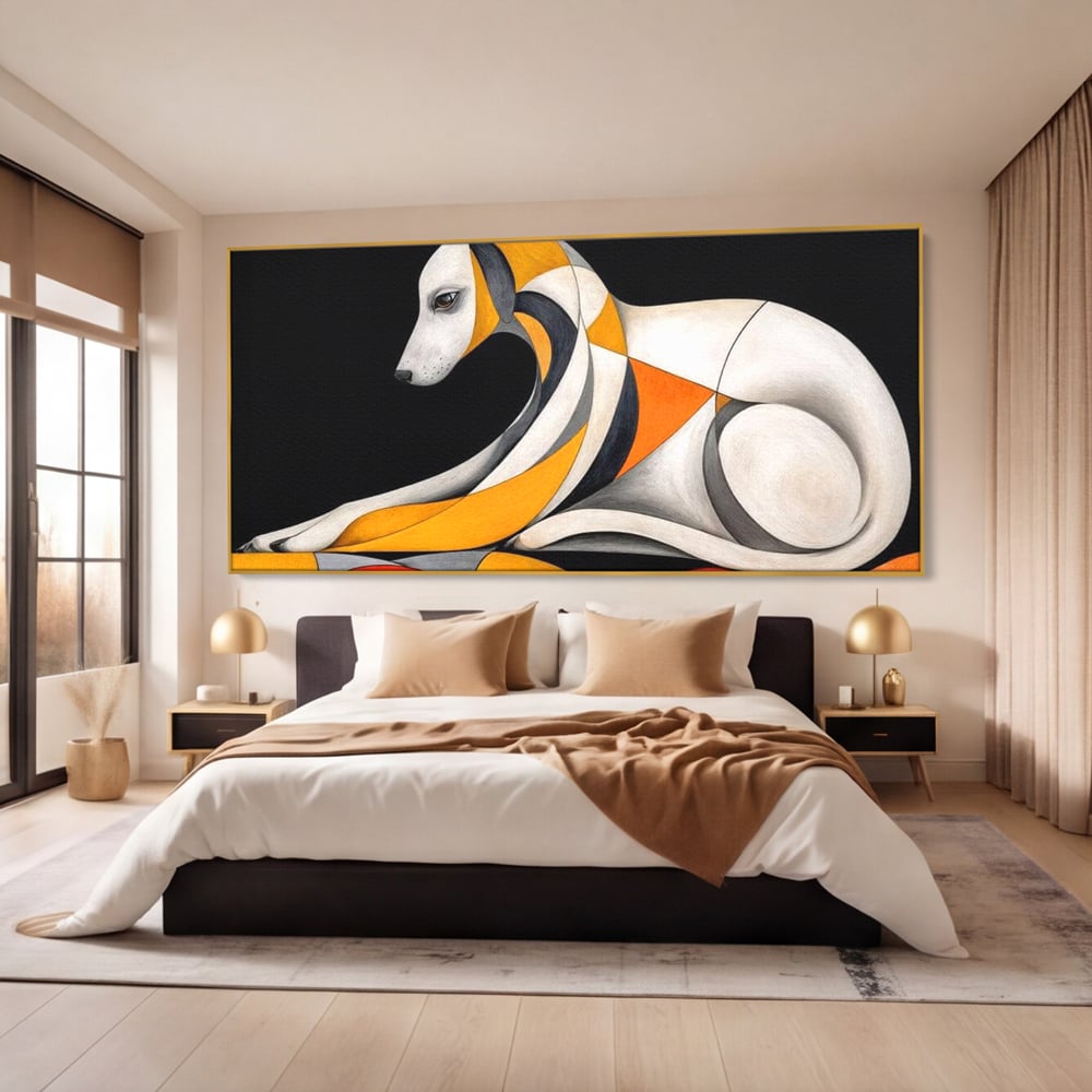 Tablou canvas cu tablou canvas cu caine stilizat in forme geometrice, in rama de aluminiu auriu, pe perete intr-un dormitor
